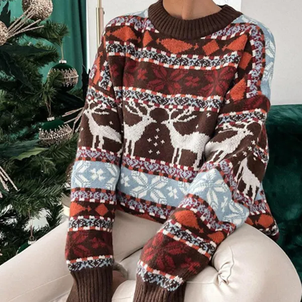 Women's Round Neck Loose Five-color Christmas Jacquard Sweater - Cotosen.com