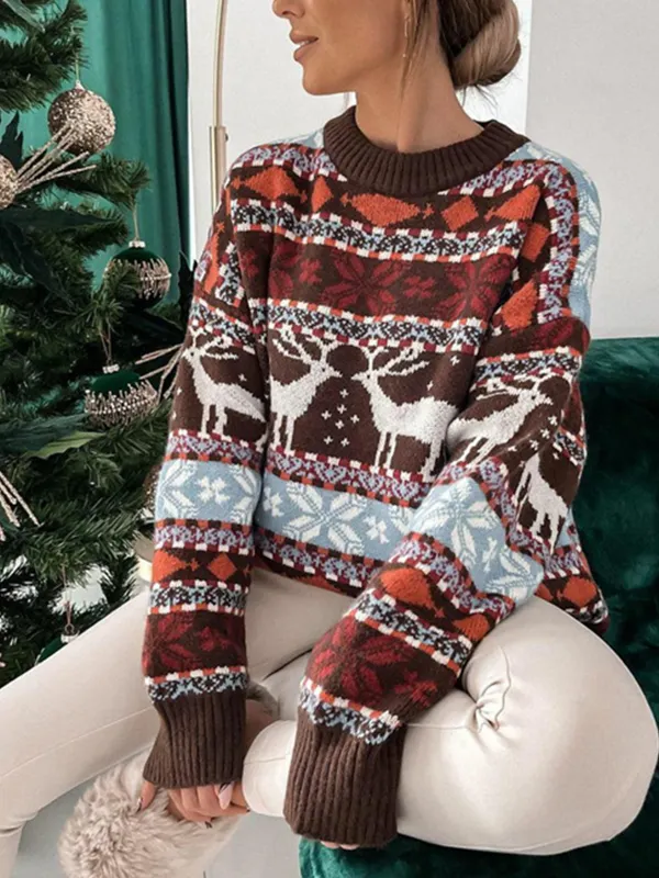 Women's Round Neck Loose Five-color Christmas Jacquard Sweater - Realyiyi.com 