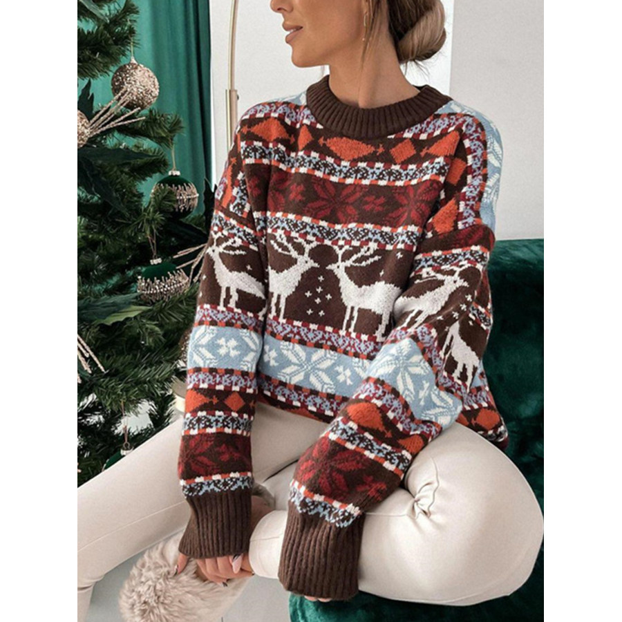 

Lockerer Fünffarbiger Weihnachts-Jacquard-Pullover Für Damen Mit Rundhalsausschnitt