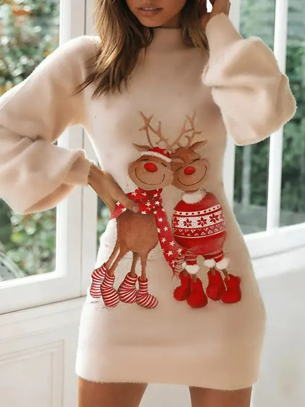 Autumn New Women's Christmas Slim Fit Hip-hugging Lantern Sleeve Dress - Cominbuy.com 