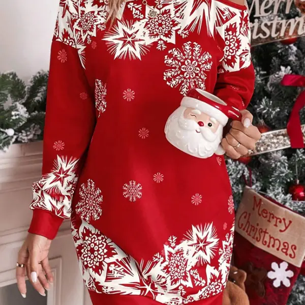 Women's Christmas Snowflake Print Off-Shoulder Dress - Cotosen.com