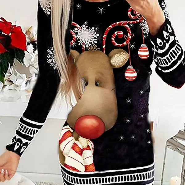 Women's Christmas Elk Print Round Neck Long Sleeve Dress - Cotosen.com