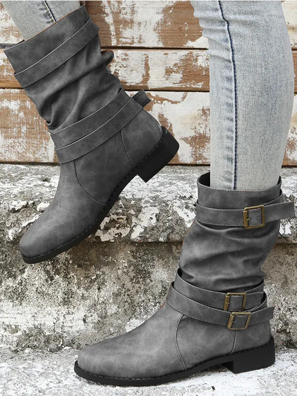 Women's Round Toe Flat Bottom Large Size Mid-calf Boots - Cominbuy.com 