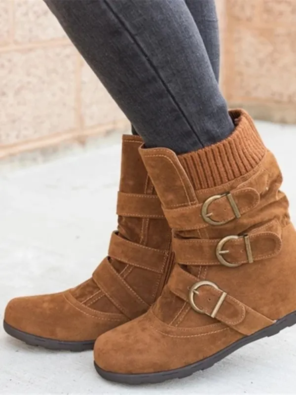 Women's Round Toe Flat Bottom Large Size Mid-calf Boots - Cominbuy.com 