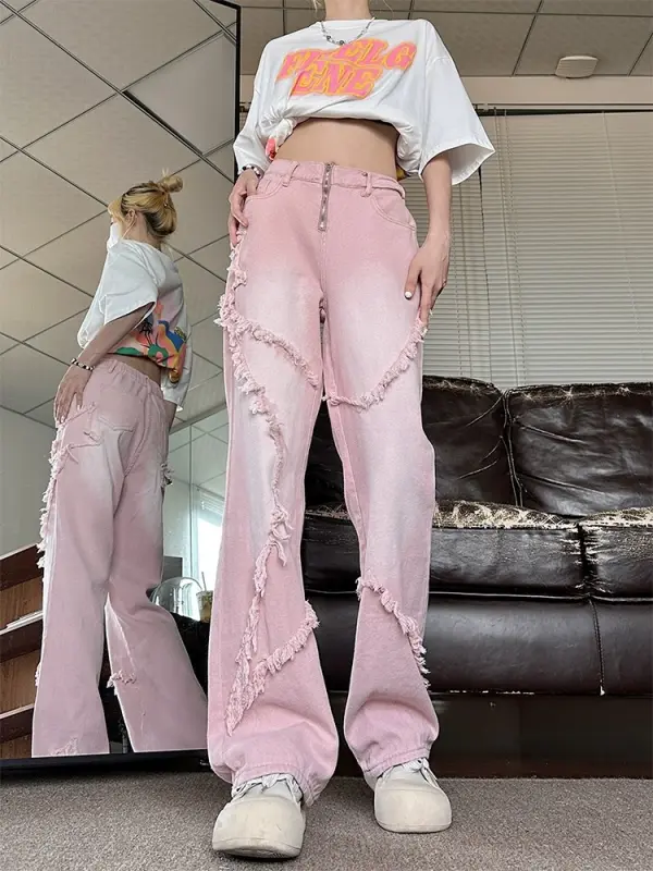 High Waist Pink Women Baggy Jeans - Viewbena.com 