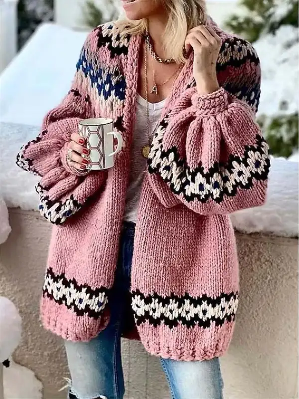 Women's Retro Ethnic Jacquard Sweater Cardigan Coat - Viewbena.com 