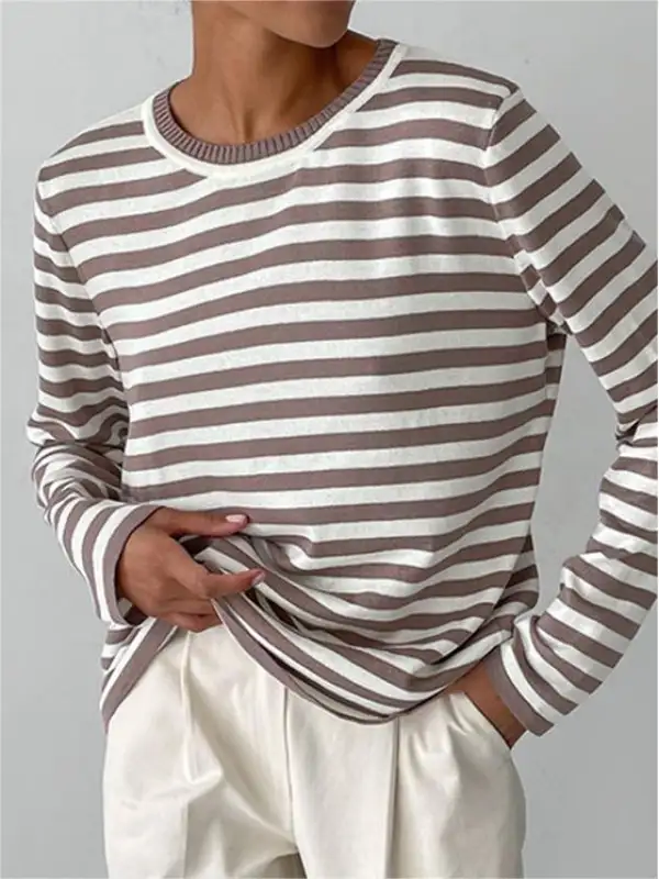 Women's Classic Retro Striped Casual Round Neck Knitted Sweater - Machoup.com 
