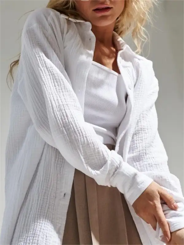 Women's Solid Color Pure Cotton Casual Loose Shirt - Machoup.com 