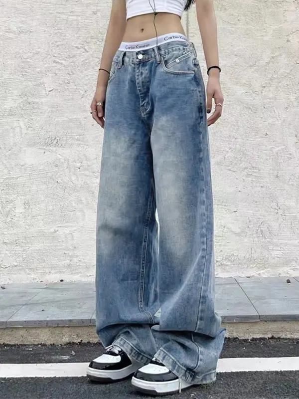 Vintage Blue Wide Leg Boyfriend Jeans - Cominbuy.com 