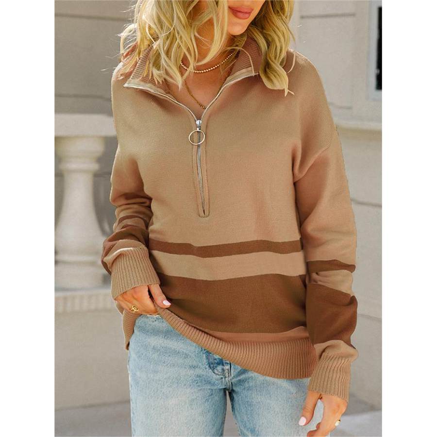 

Lässiges Damen-Sweatshirt Mit Gestreiftem Kontrast-Reißverschluss Und Revers