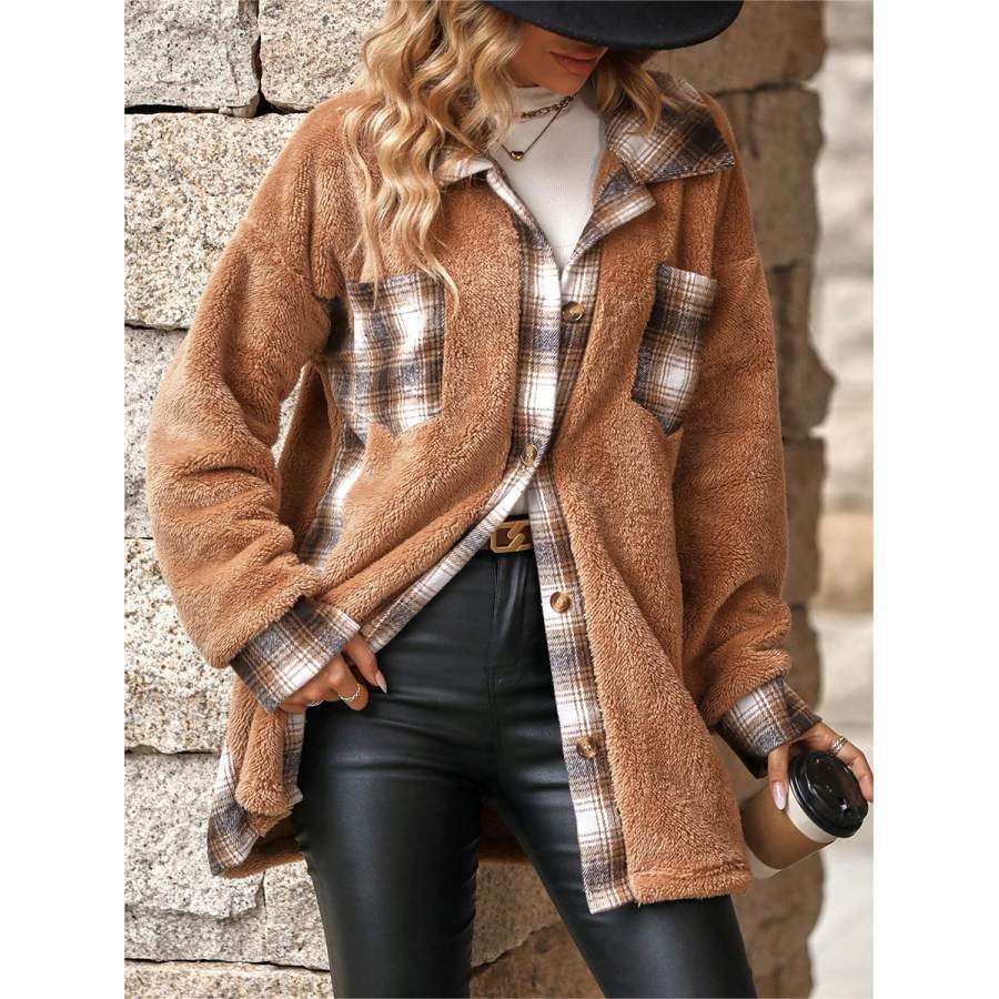 

Women's Plaid Patchwork Fleece Pocket Buttoned Mid-length Lapel Jacket