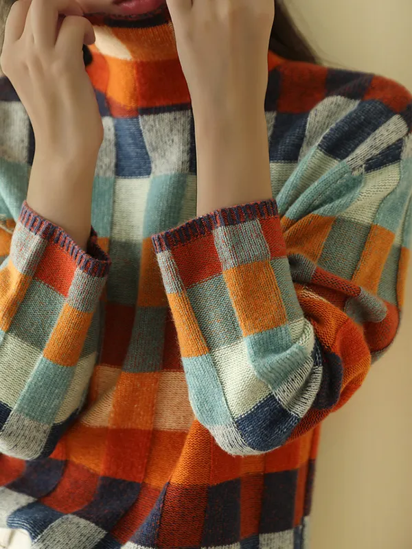 Women's Vintage Colorful Checkerboard Knit Turtleneck Sweater - Viewbena.com 