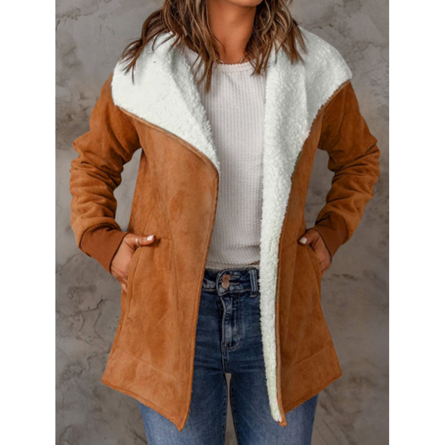 

Damen-Cardigan-Mantel Mit Retro-Revers-Wildleder-Fleece Und Warmen Taschen