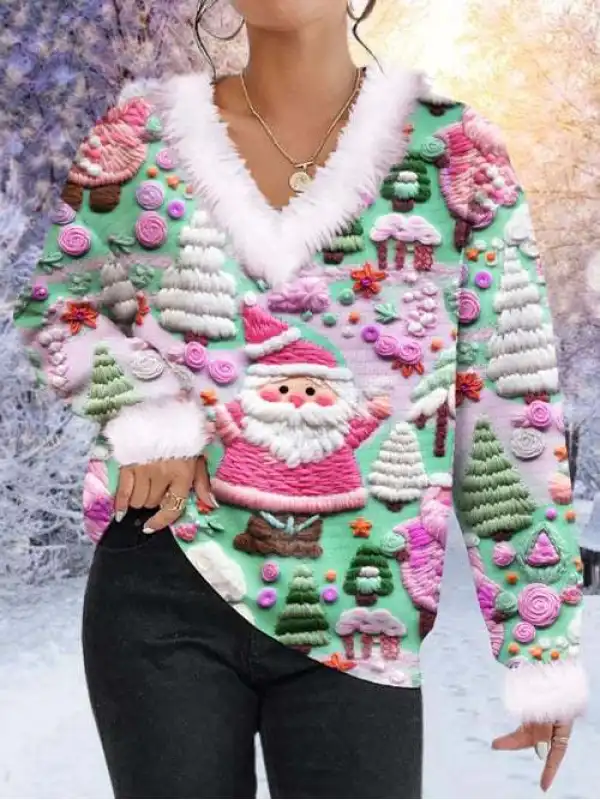 Women's Pink Santa Print Wave Neck Long Sleeve Top Christmas Sweater - Machoup.com 