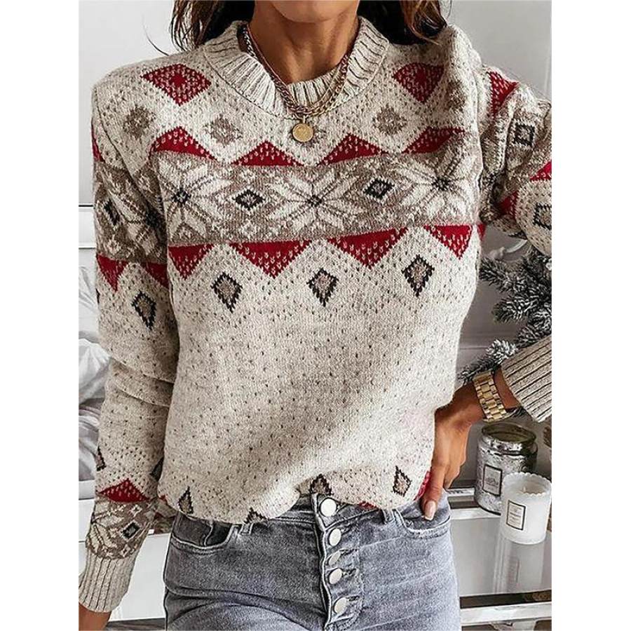 

Damen Retro-Pullover Mit Geometrischem Diamant-Kontrast-Farbmuster Warmer Strickpullover Rundhals-Top