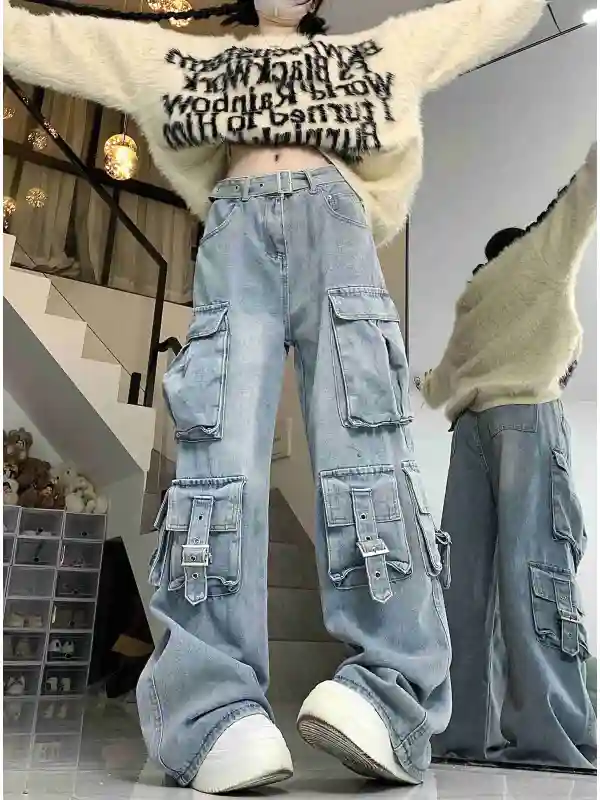 Multi Pocket Belted Baggy Cargo Jeans - Realyiyi.com 
