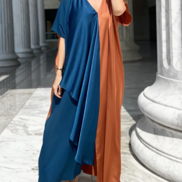 High Fashion Satin Color Block Dress Robe - Mosaicnew.com 