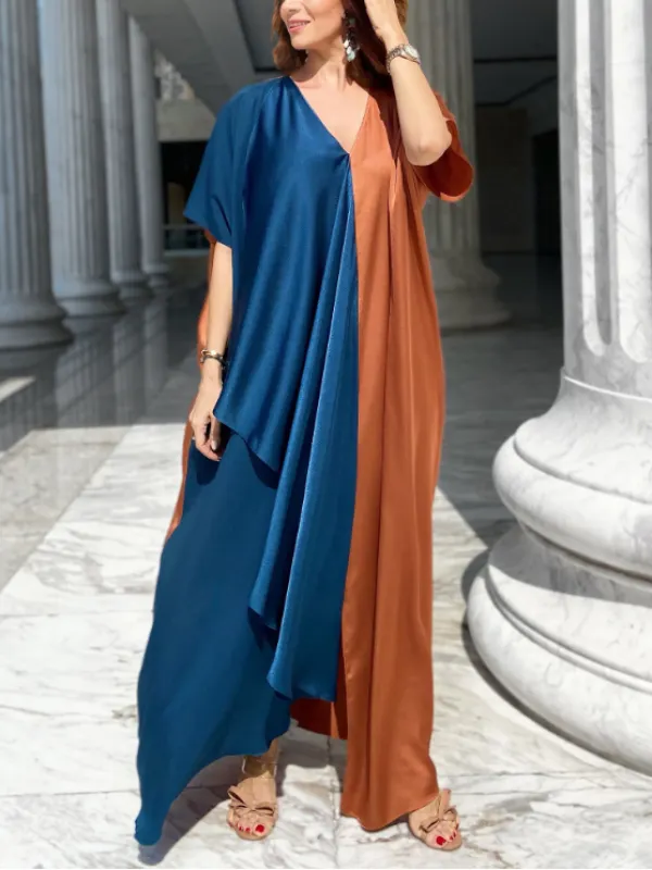 High Fashion Satin Color Block Dress Robe - Indyray.com 