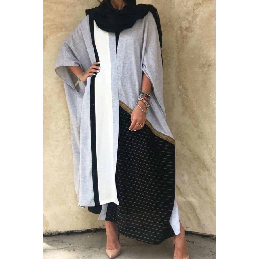 

Fashionable Color Block Cotton And Linen Robe Dress
