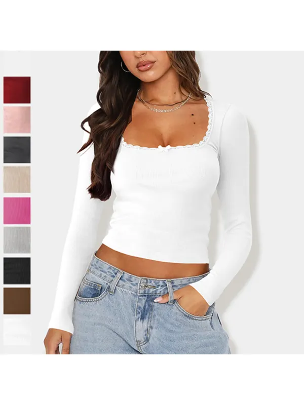 Women's New Long Sleeve T-Shirt Trendy Brand Slim Fit Lace Splicing Hot Girl Top U Neck Bottoming Shirt - Machoup.com 
