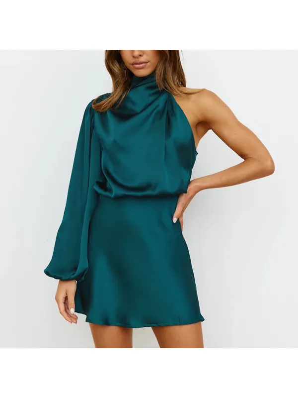 Women's Evening Dress, High-end Satin Long-sleeved One-shoulder Elegant Dress - Machoup.com 
