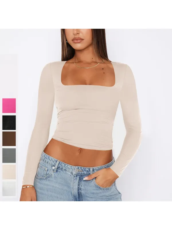 Sexy Backless Inner Wear Women's Knitted Sweater Long-sleeved T-shirt Hot Girl Top Square Neck Bottoming Shirt - Machoup.com 