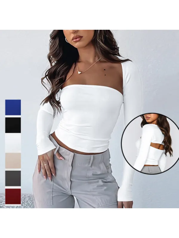 Y2K Fashion New Women's Sexy Tube Top Waist T-shirt Long-sleeved Tight Blouse Two-piece Set Women's Bm Top - Machoup.com 