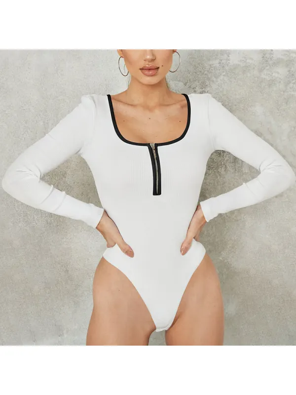 New Style Patchwork Color Zipper Threaded Long-sleeved Bodysuit, Fashionable And Versatile Base Layer - Realyiyi.com 