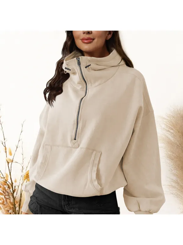 Hooded Sweatshirt Women's Trendy Sports Hoodie Zipper Drawstring Long Sleeve Top Jacket - Ootdmw.com 