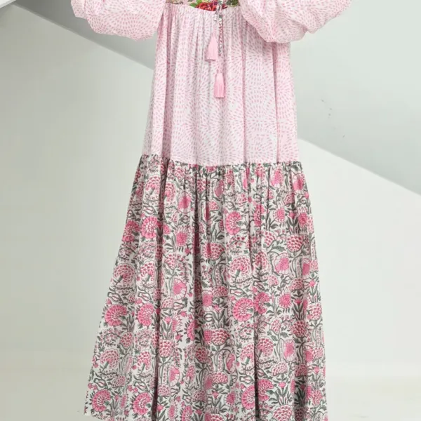 Stylish Contrast Floral Print Puff Sleeve Robe Dress - Cotosen.com