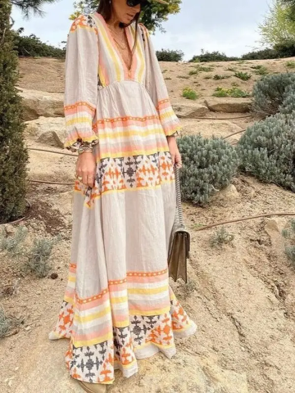 Retro Ethnic Deep V Strappy Long Dress - Timetomy.com 