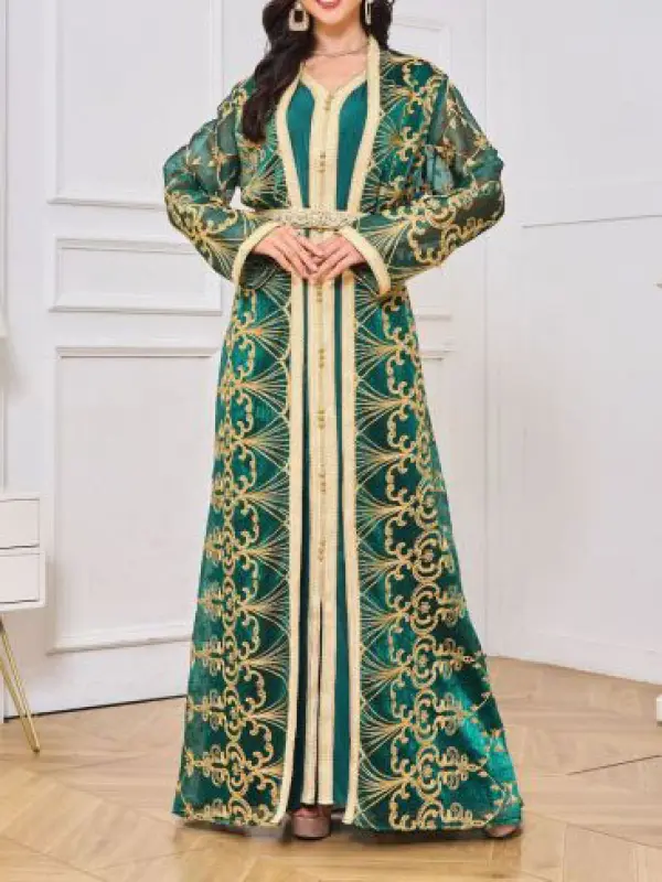 Stylish And Comfortable Moroccan Muslim Embroidered Two-piece Dress Robe - Spiretime.com 