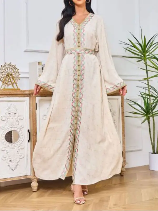 Stylish And Comfortable Moroccan Muslim Embroidered Belt Dress Robe - Realyiyi.com 