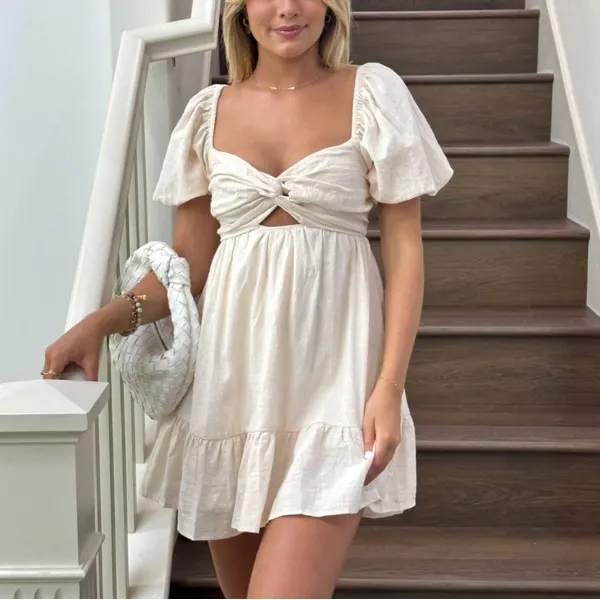 Plain Puff Sleeve Mini Dress - Yiyistories.com 