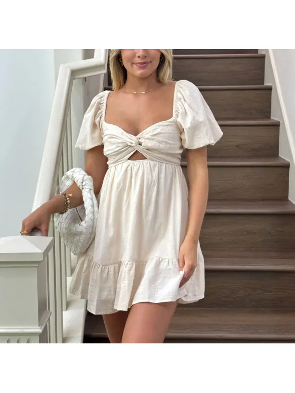 Plain Puff Sleeve Mini Dress - Cominbuy.com 