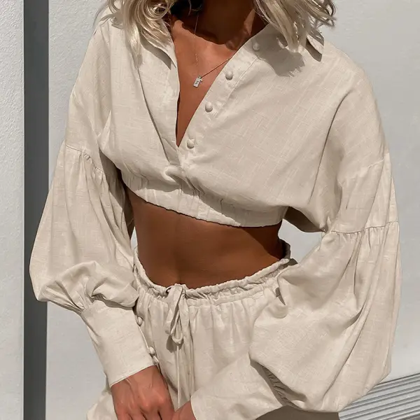 Women's Cotton And Linen Cropped Tops Two-piece Set - Yiyistories.com 