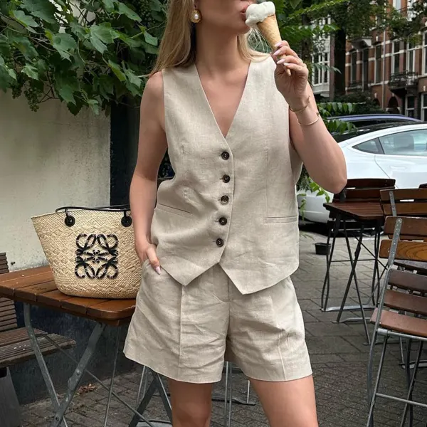 Minimalist Cotton And Linen Button Vest Shorts Urban Commuting Two-piece Set - Salolist.com 
