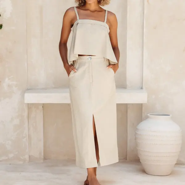 Women's Minimalist Linen Straight Skirt Set - Salolist.com 