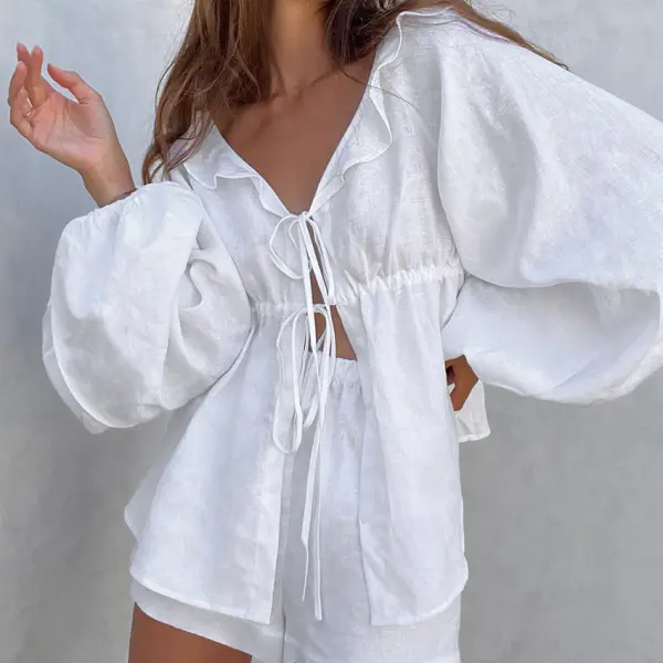 Women's Linen Puff Sleeve Ruffle Suit - Yiyistories.com 