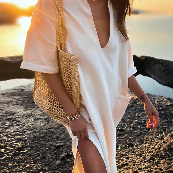 Cotton And Linen Loose Slit Women's Vacation V-neck Summer Dress - Salolist.com 