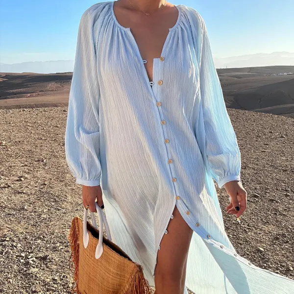 Women's Cotton And Linen Loose Buttoned Holiday Summer Dress - Salolist.com 