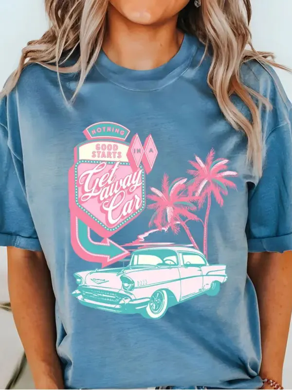 Vintage Getaway Car T-Shirt Crew Neck Comfort - Machoup.com 