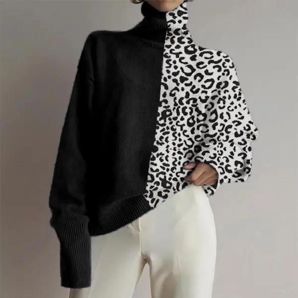 Fashionable Loose High Collar Leopard Stitching Sweater - Leanarea.chimpone.com 