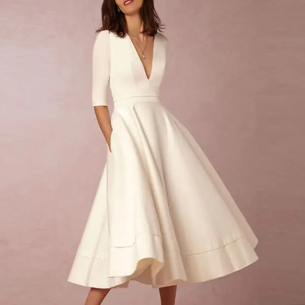 Sexy Deep V-Neck Solid Midi Skater Dress - Leanarea.chimpone.com 