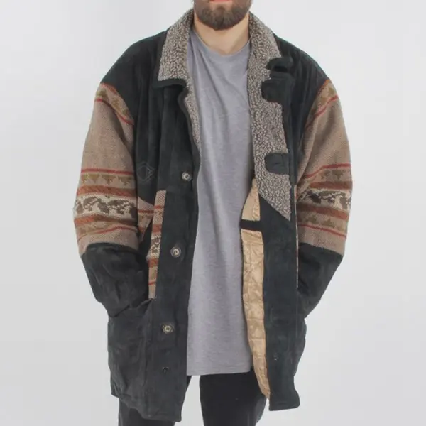 Mens Three-Color Cake Layer Printed Plush Coat - Leanarea.chimpone.com 