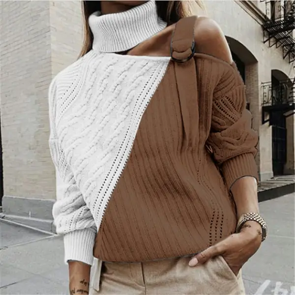 Women's off-the-shoulder long sleeve colorblock sweater - Leanarea.chimpone.com 