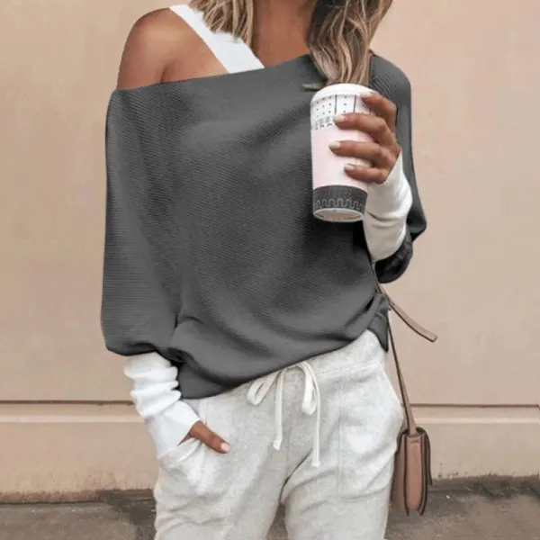 Women's Casual Round Neck Coloring Long Sleeve Loose Sweater - Leanarea.chimpone.com 