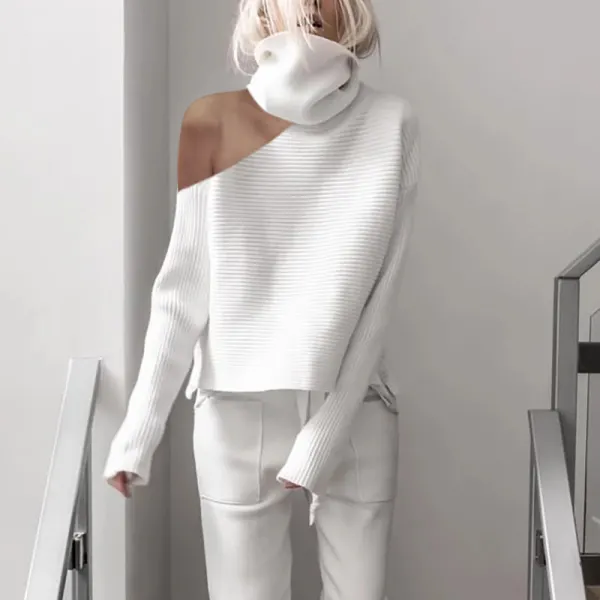 White High Neck Strapless Fashion Sweater - Leanarea.chimpone.com 