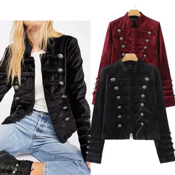 Solid Velvet Military Style Long Sleeve Jacket - Leanarea.chimpone.com 