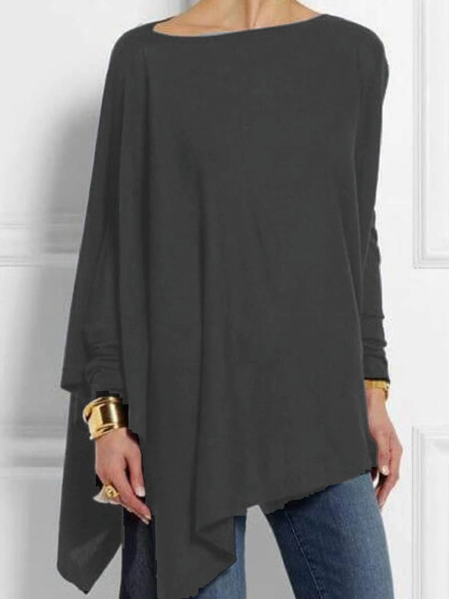 Women Blouse Solid Round Neck Long Sleeve Tops Plus Size